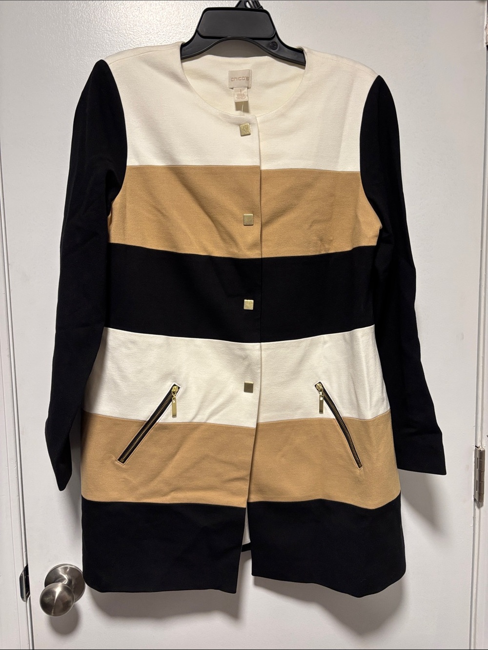 Chico’s Colorblock Statement Jacket in Black, Cream & Tan